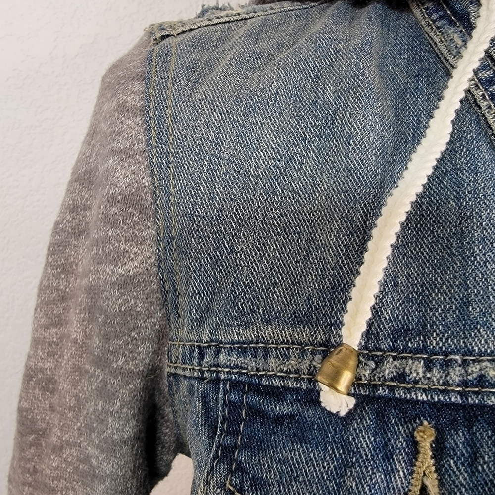 Free People XS Denim Jacket Hooded Gray Sweater Sleeves Blue - Picture 4 of 9